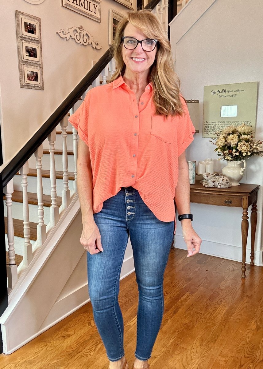 Flowy Button Down Shirt - Coral - Casual Top - Jimberly's Boutique - Olive Branch - Mississippi
