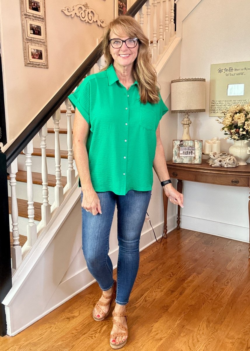 Flowy Button Down Shirt - Kelly Green | Zenana - Casual Top - Jimberly's Boutique - Olive Branch - Mississippi