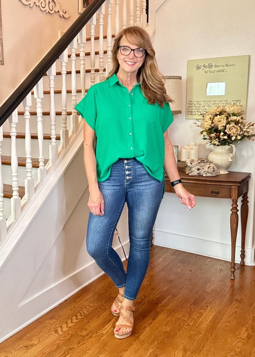 Flowy Button Down Shirt - Kelly Green | Zenana - Casual Top - Jimberly's Boutique - Olive Branch - Mississippi