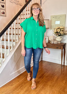 Flowy Button Down Shirt - Kelly Green | Zenana - Casual Top - Jimberly's Boutique - Olive Branch - Mississippi