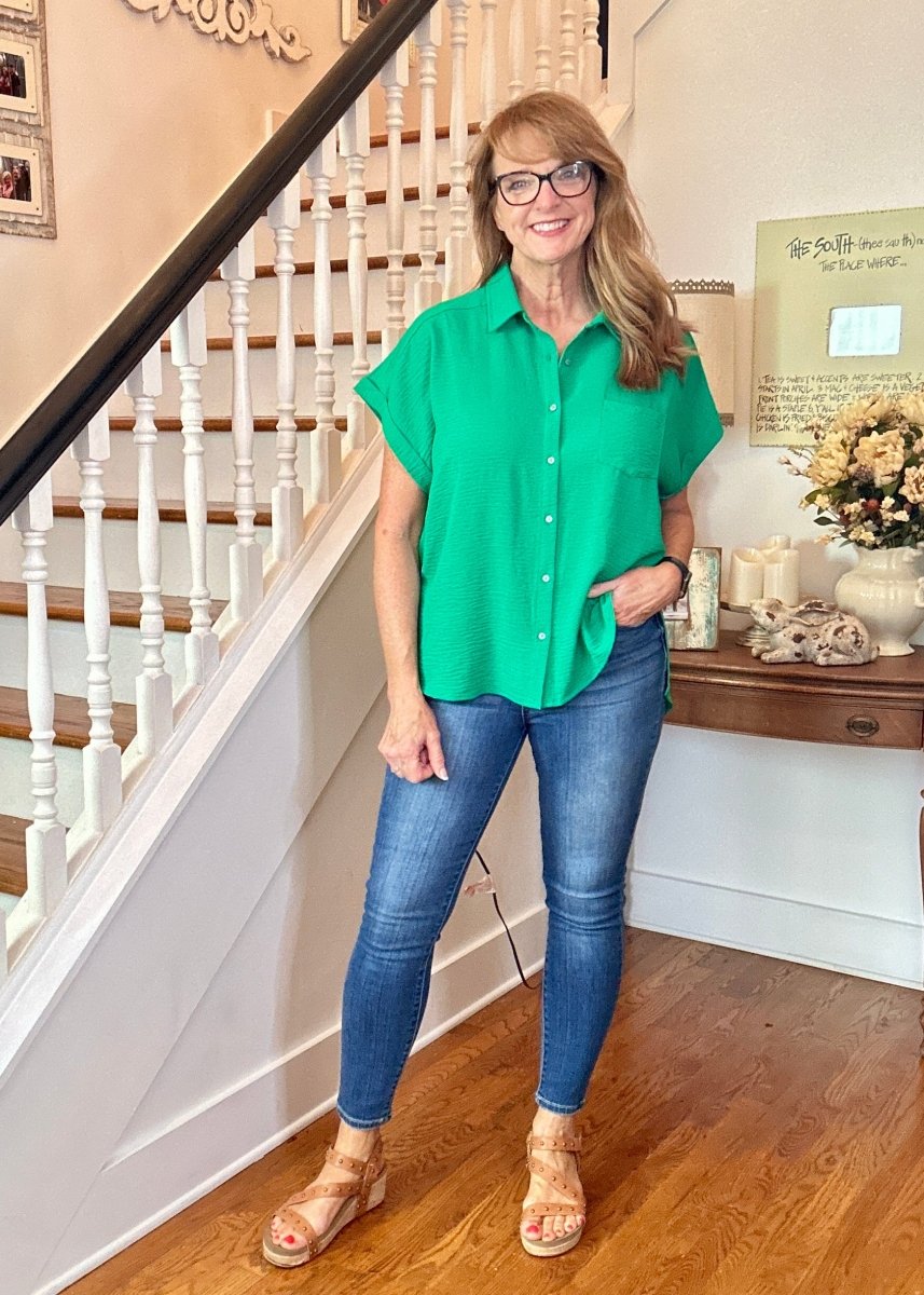 Flowy Button Down Shirt - Kelly Green | Zenana - Casual Top - Jimberly's Boutique - Olive Branch - Mississippi