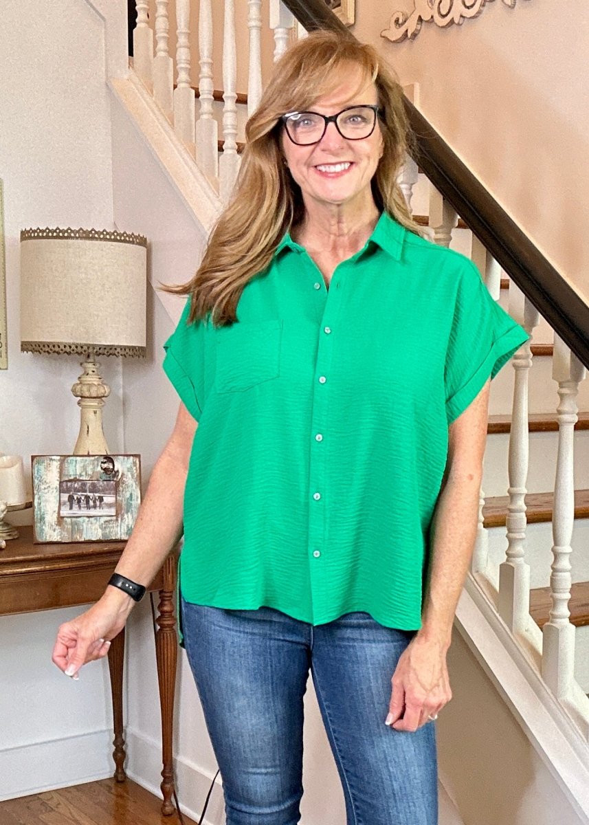 Flowy Button Down Shirt - Kelly Green | Zenana - Casual Top - Jimberly's Boutique - Olive Branch - Mississippi