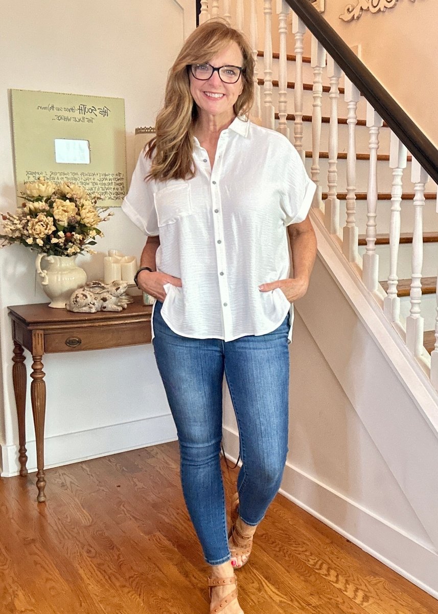 Flowy Button Down Shirt - White - Casual Top - Jimberly's Boutique - Olive Branch - Mississippi