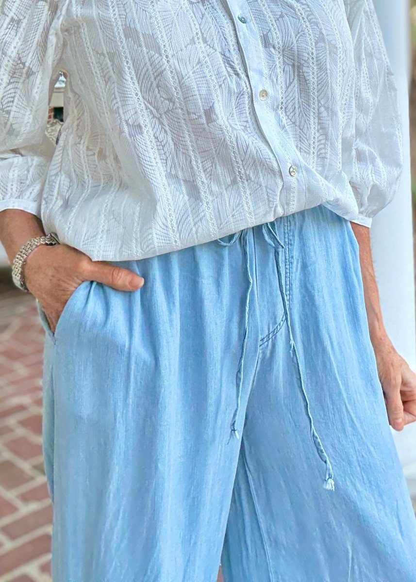 Fray Washed Ruffle Chambray Pants - Lt Denim | Easel - easel pants - Jimberly's Boutique - Olive Branch - Mississippi