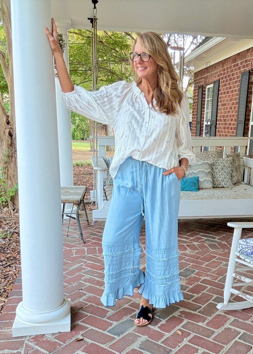 Fray Washed Ruffle Chambray Pants - Lt Denim | Easel - easel pants - Jimberly's Boutique - Olive Branch - Mississippi