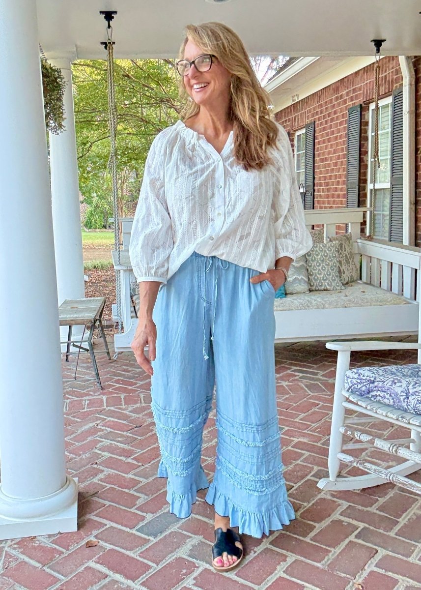 Fray Washed Ruffle Chambray Pants - Lt Denim | Easel - easel pants - Jimberly's Boutique - Olive Branch - Mississippi
