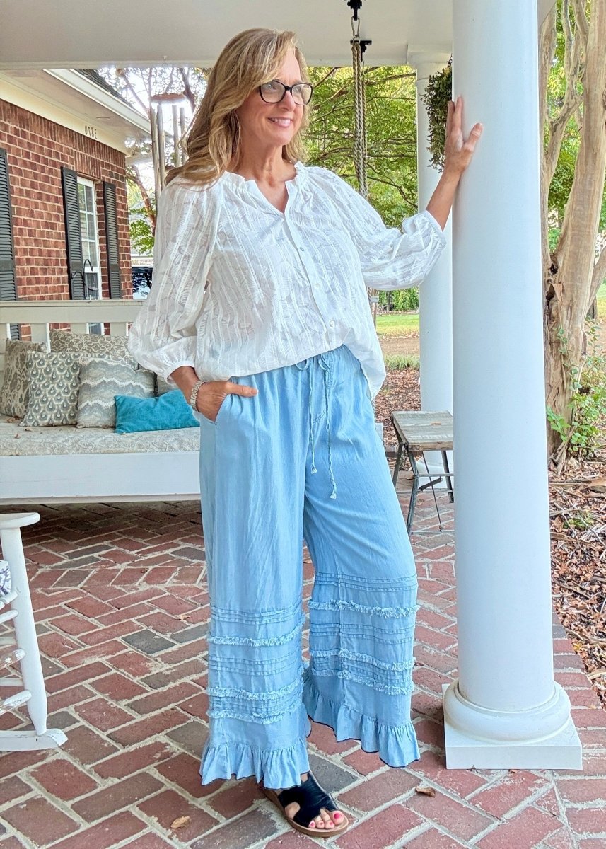 Fray Washed Ruffle Chambray Pants - Lt Denim | Easel - easel pants - Jimberly's Boutique - Olive Branch - Mississippi