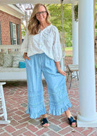 Fray Washed Ruffle Chambray Pants - Lt Denim | Easel - easel pants - Jimberly's Boutique - Olive Branch - Mississippi