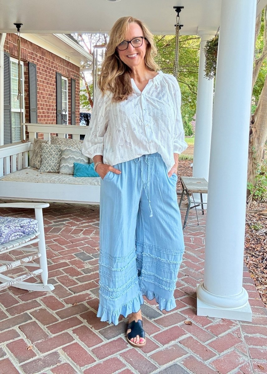 Fray Washed Ruffle Chambray Pants - Lt Denim | Easel - easel pants - Jimberly's Boutique - Olive Branch - Mississippi
