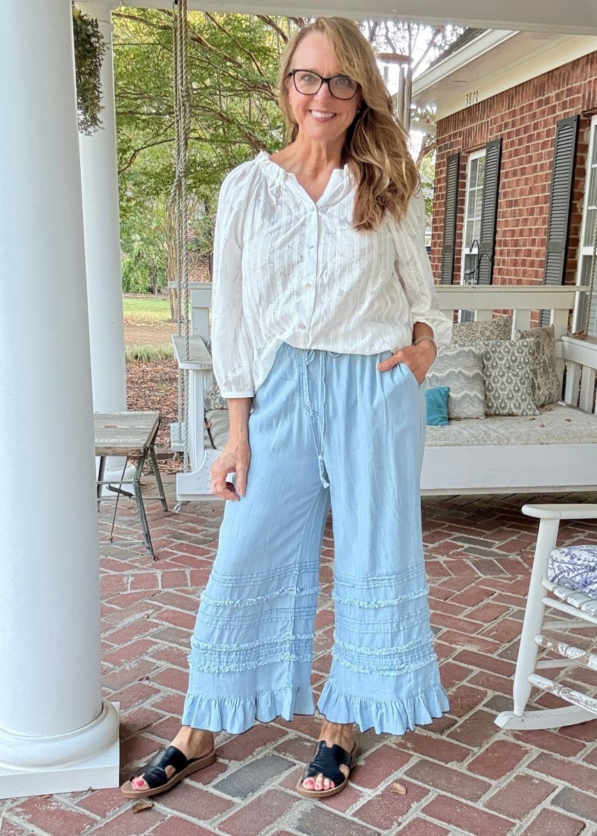 Fray Washed Ruffle Chambray Pants - Lt Denim | Easel - easel pants - Jimberly's Boutique - Olive Branch - Mississippi
