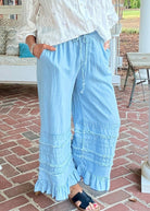 Fray Washed Ruffle Chambray Pants - Lt Denim | Easel - easel pants - Jimberly's Boutique - Olive Branch - Mississippi