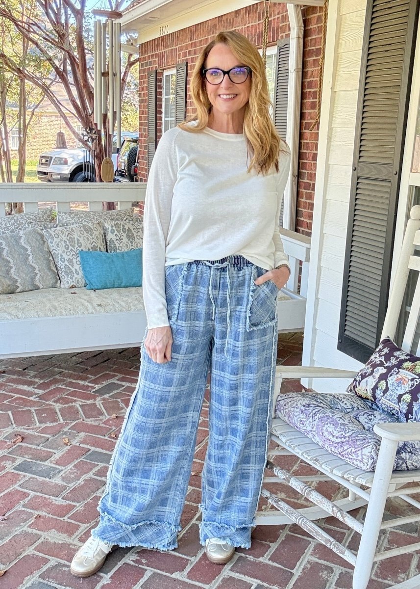 Frayed Plaid Wide Leg Jeans | BiBi - jeans -Jimberly's Boutique-Olive Branch-Mississippi
