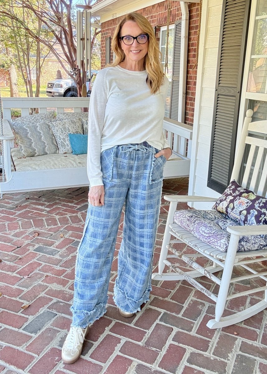 Frayed Plaid Wide Leg Jeans | BiBi - jeans -Jimberly's Boutique-Olive Branch-Mississippi