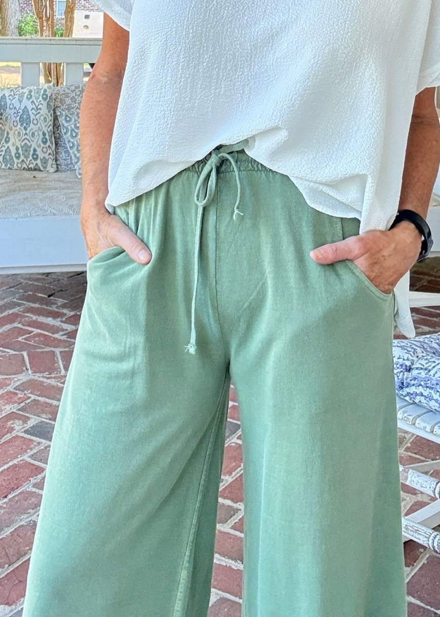 French Terry Enzyme Wash Pants - Lt Olive - casual pants - Jimberly's Boutique - Olive Branch - Mississippi