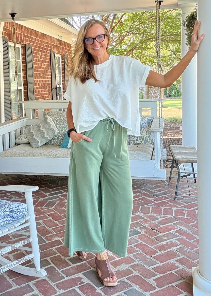 French Terry Enzyme Wash Pants - Lt Olive - casual pants - Jimberly's Boutique - Olive Branch - Mississippi