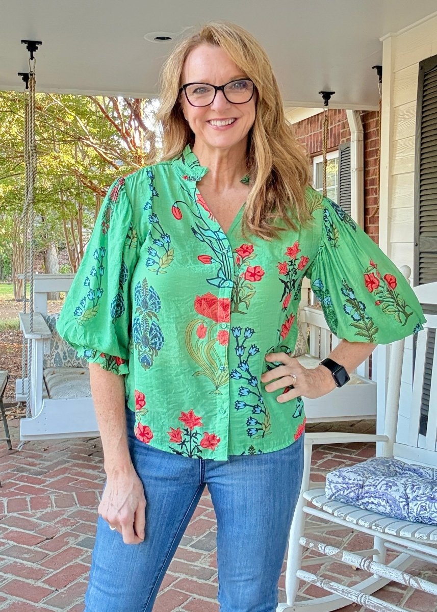Front Row Buttons Top - Green - Floral Top - Jimberly's Boutique - Olive Branch - Mississippi