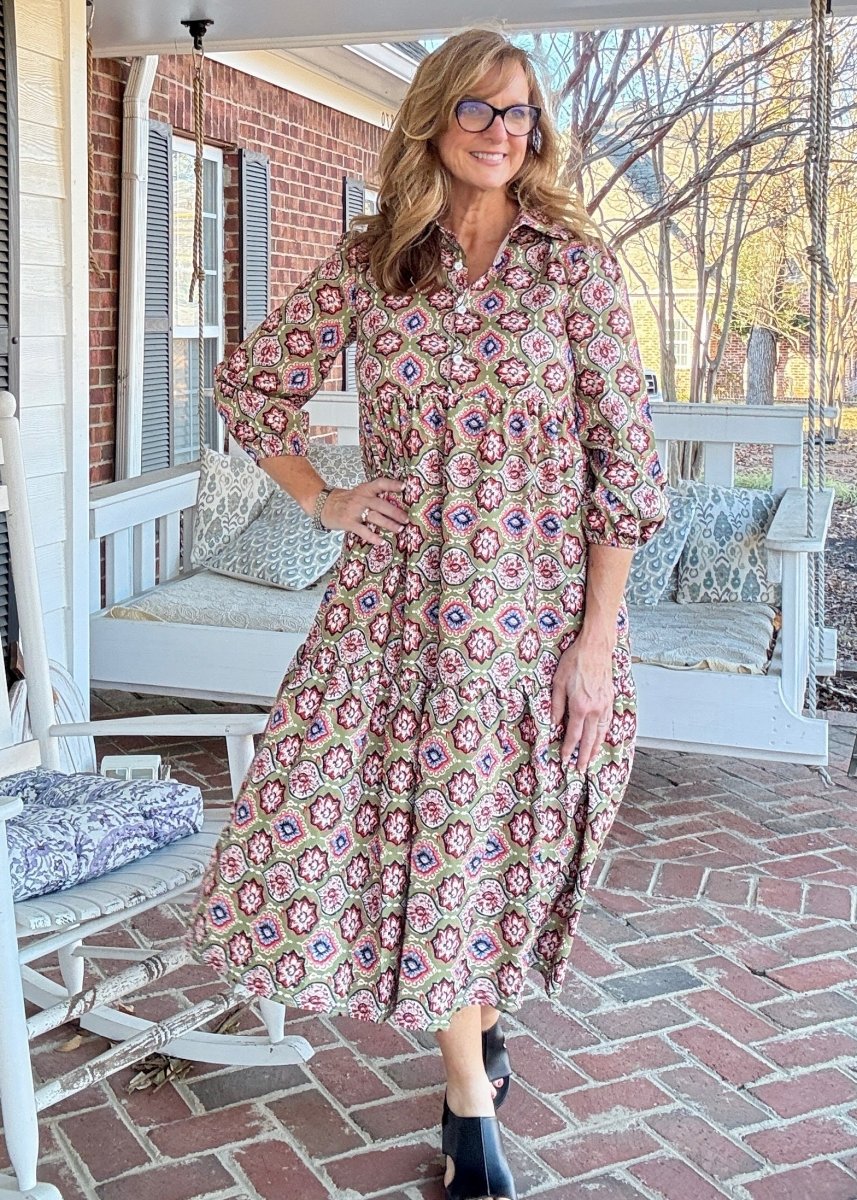 Geo Print Long Sleeve Maxi Dress - Maxi Dress - Jimberly's Boutique - Olive Branch - Mississippi