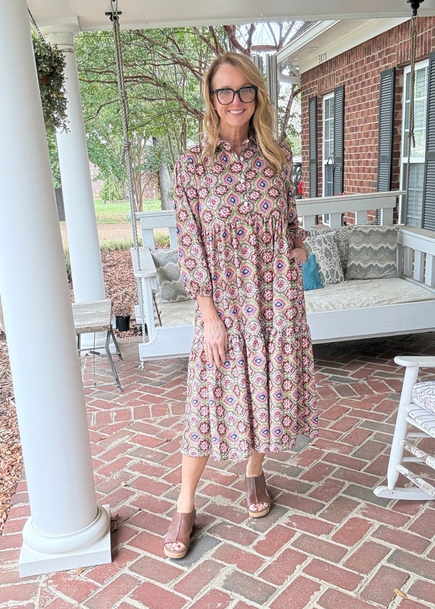 Geo Print Long Sleeve Maxi Dress - Maxi Dress -Jimberly's Boutique-Olive Branch-Mississippi