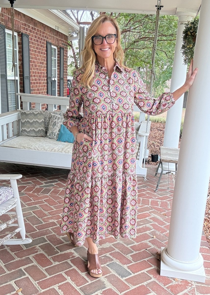 Geo Print Long Sleeve Maxi Dress - Maxi Dress -Jimberly's Boutique-Olive Branch-Mississippi