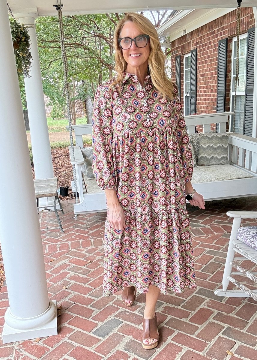 Geo Print Long Sleeve Maxi Dress - Maxi Dress -Jimberly's Boutique-Olive Branch-Mississippi