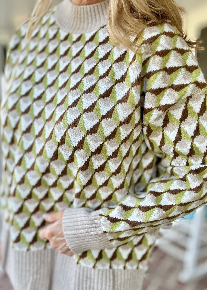 Geometric Mock Neck Sweater - Sage/Brown | Easel - Easel Sweater - Jimberly's Boutique - Olive Branch - Mississippi