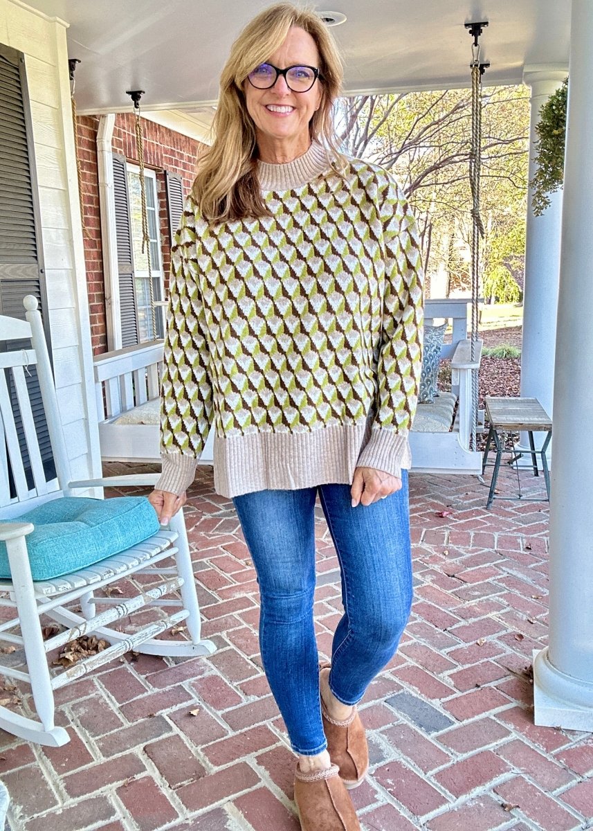 Geometric Mock Neck Sweater - Sage/Brown | Easel - Easel Sweater - Jimberly's Boutique - Olive Branch - Mississippi