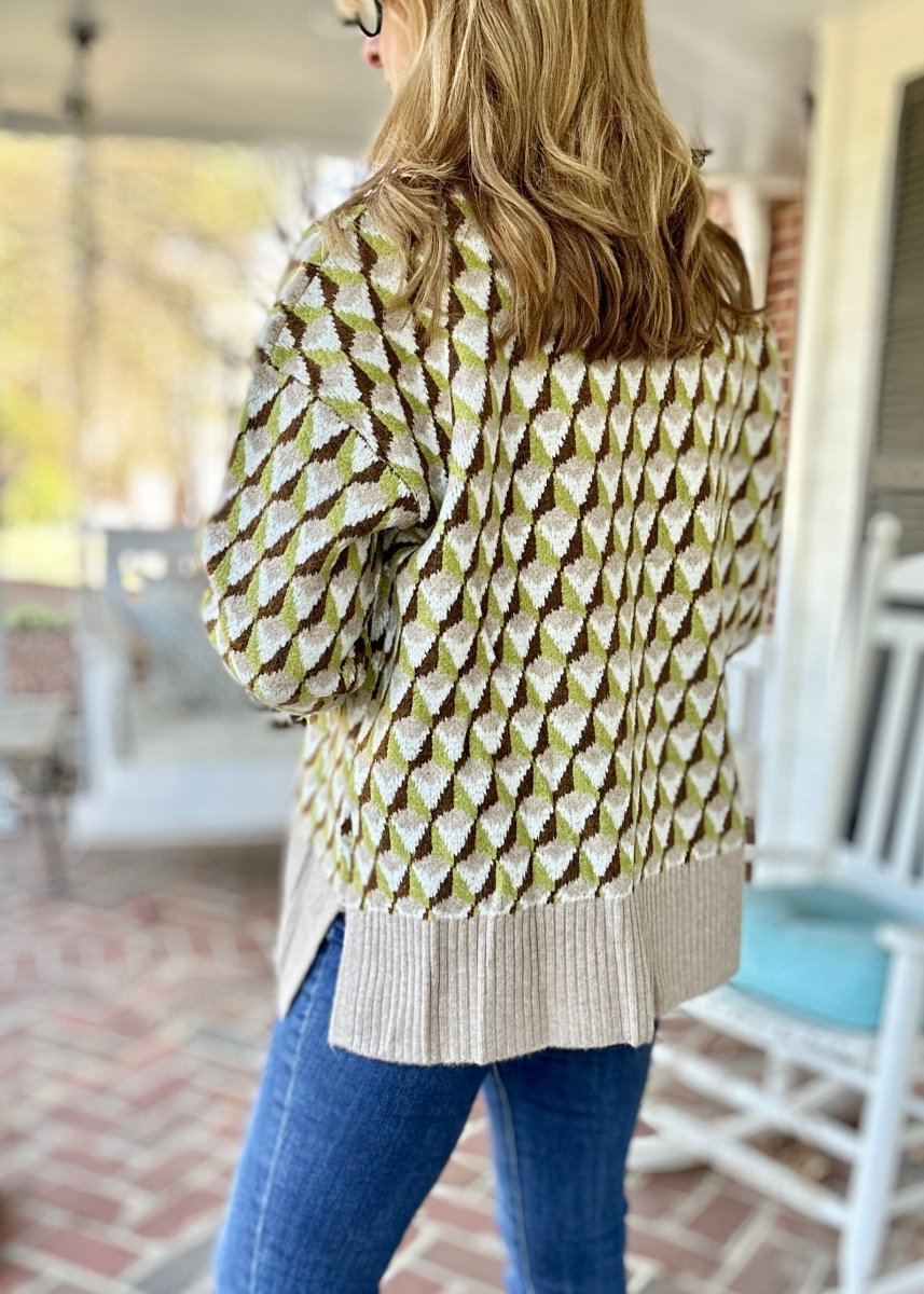 Geometric Mock Neck Sweater - Sage/Brown | Easel - Easel Sweater - Jimberly's Boutique - Olive Branch - Mississippi