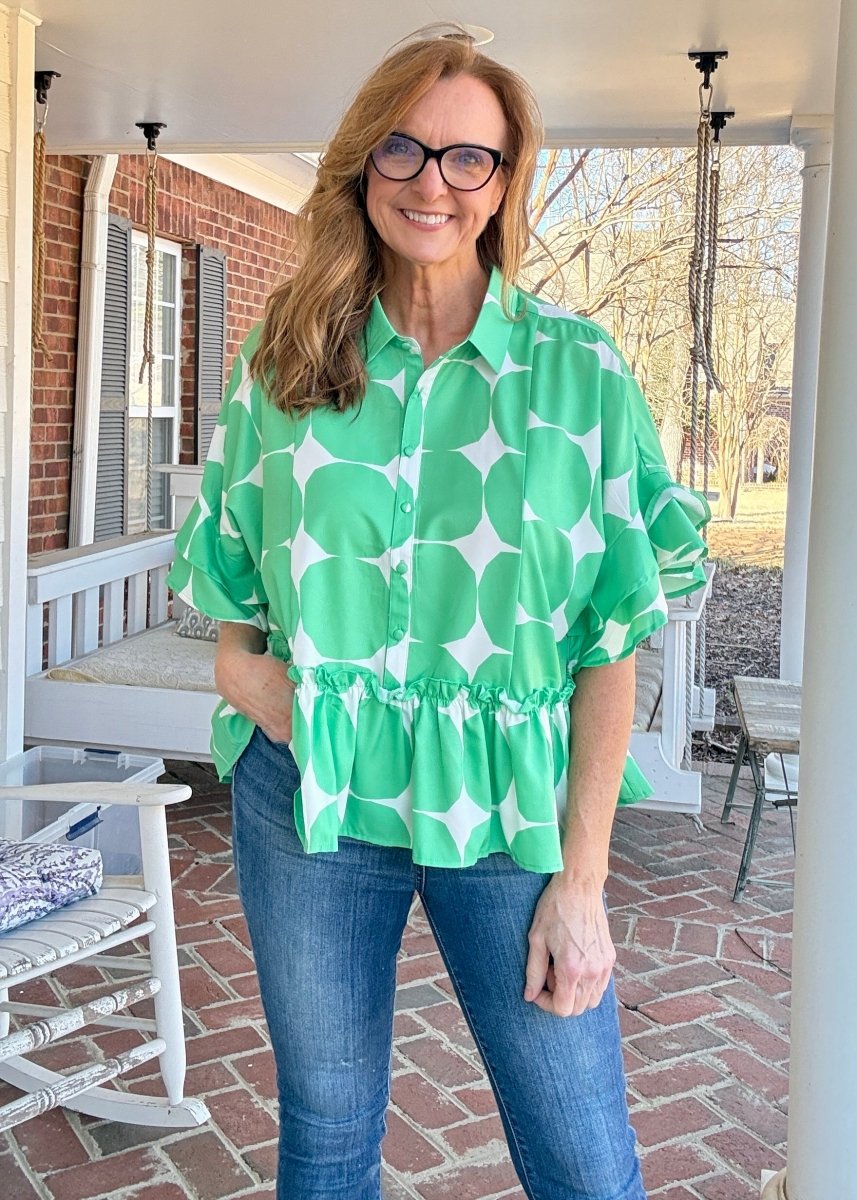Geometric Ruffle Top - Green - Umgee Top - Jimberly's Boutique - Olive Branch - Mississippi