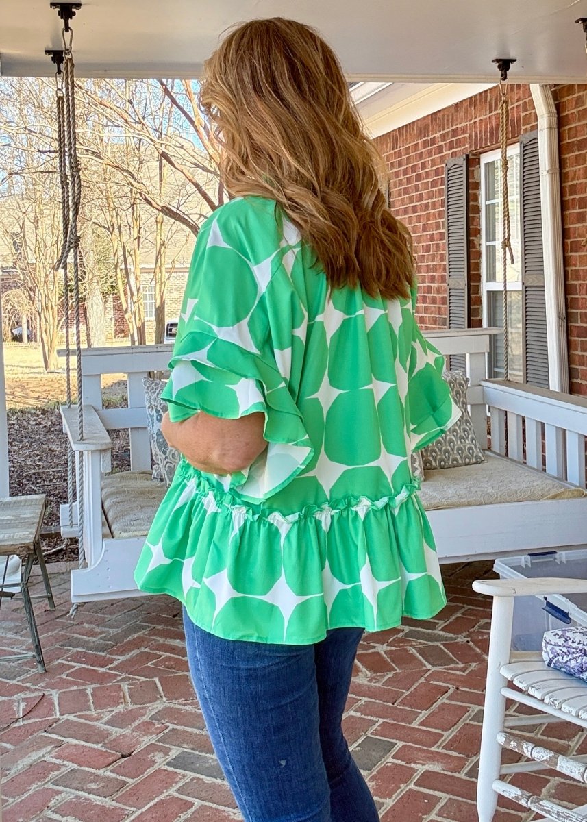 Geometric Ruffle Top - Green - Umgee Top - Jimberly's Boutique - Olive Branch - Mississippi