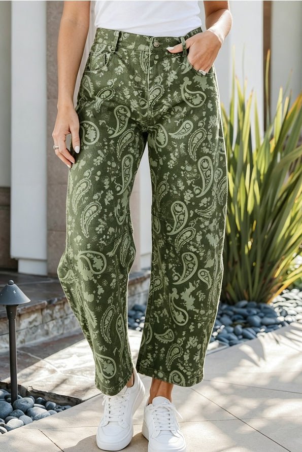 Green Paisley Barrel Pants - Barrel Jeans/Pants -Jimberly's Boutique-Olive Branch-Mississippi