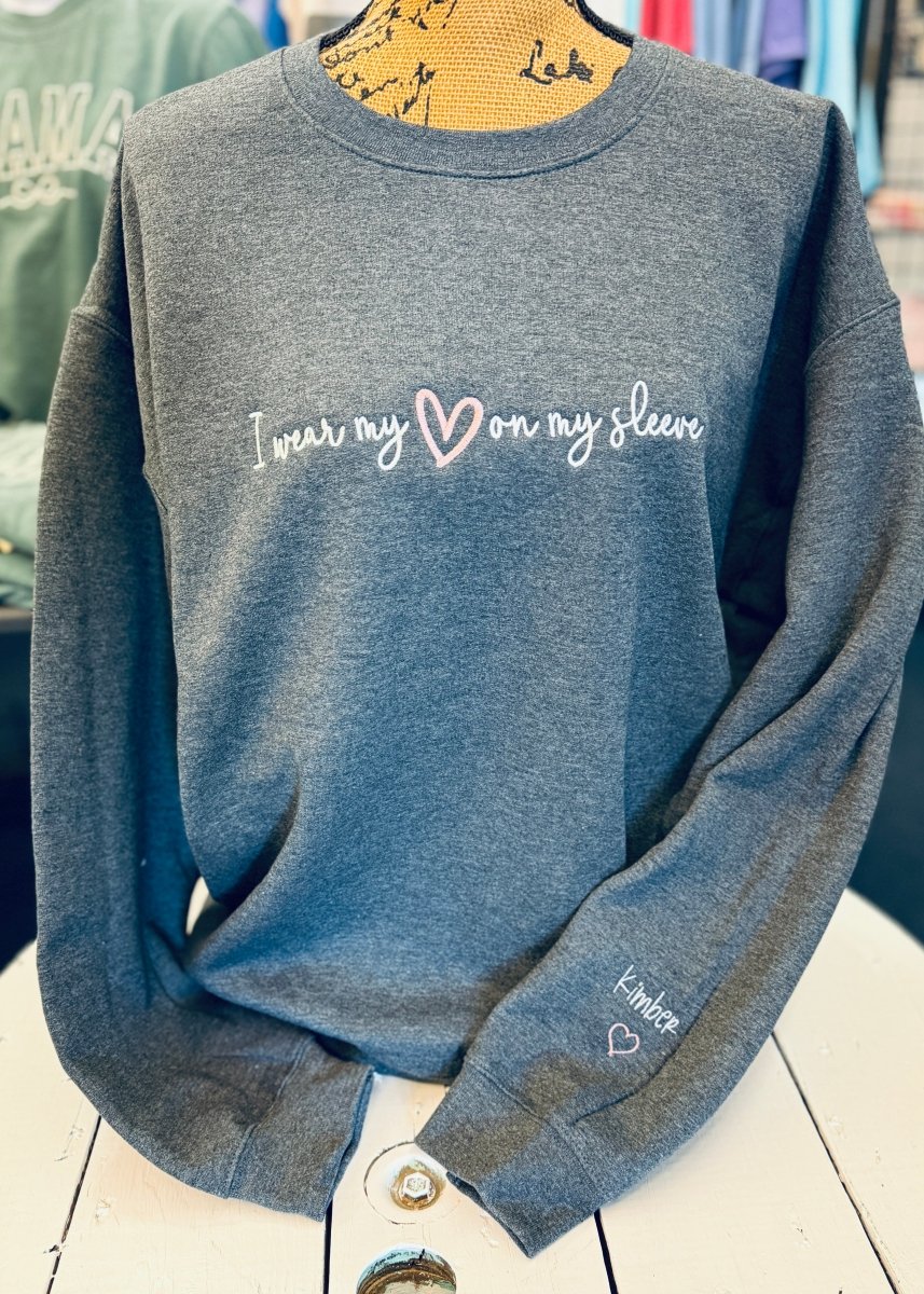 I Wear My Heart On My Sleeve Embroidered Sweatshirt - Dk Heather Grey - Casual Sweatshirt - Jimberly's Boutique - Olive Branch - Mississippi