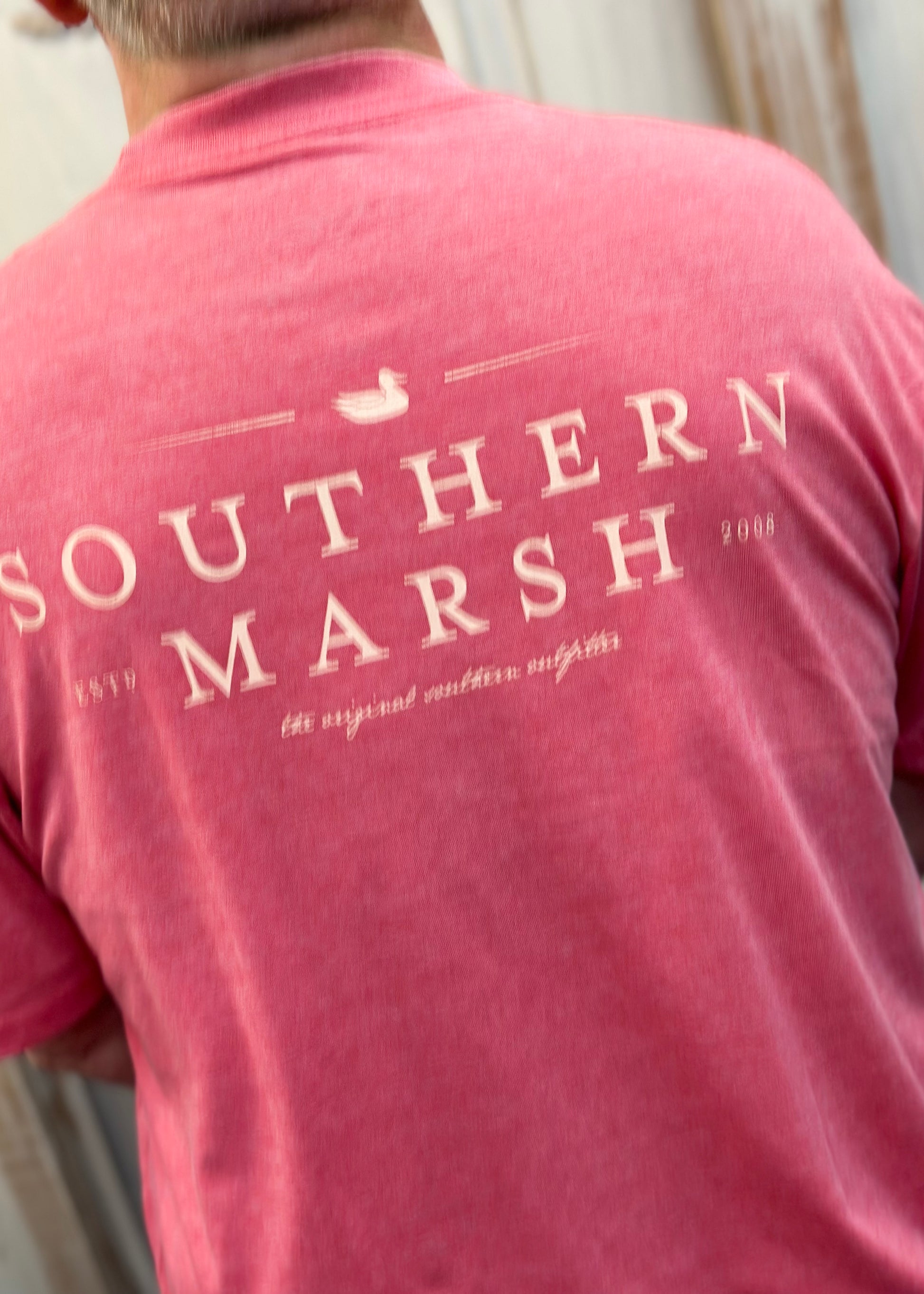 Jim wearing Southern Marsh Seawash Tee - Classic - Strawberry Fizz - Back View close up. Jimberly's Boutique Olive Branch MS