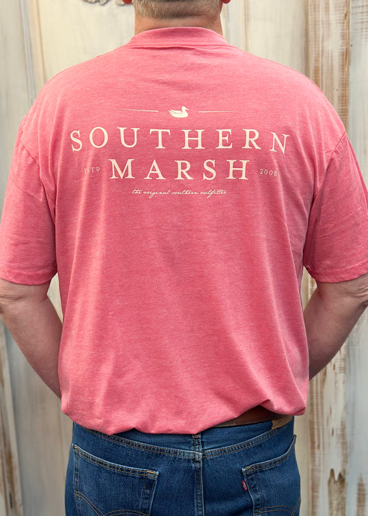 Jim wearing Southern Marsh Seawash Tee - Classic - Strawberry Fizz - Back View. Jimberly's Boutique Olive Branch MS