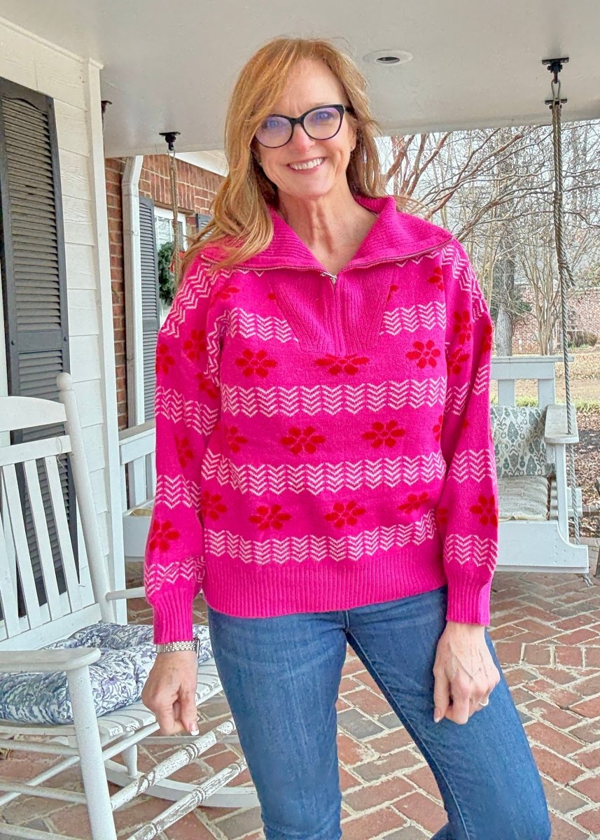 Jacquard Pullover Sweater - Hot Pink - Casual Sweater - Jimberly's Boutique - Olive Branch - Mississippi
