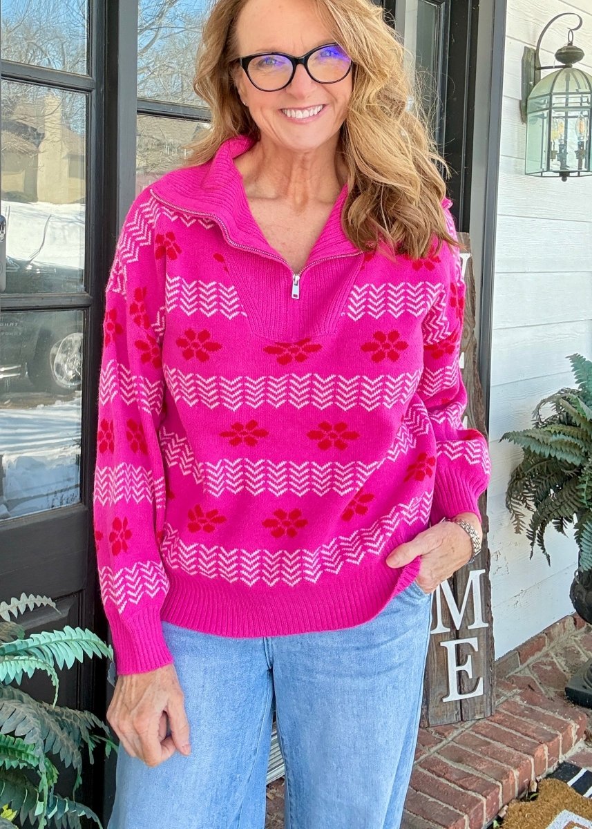 Jacquard Pullover Sweater - Hot Pink - Casual Sweater - Jimberly's Boutique - Olive Branch - Mississippi