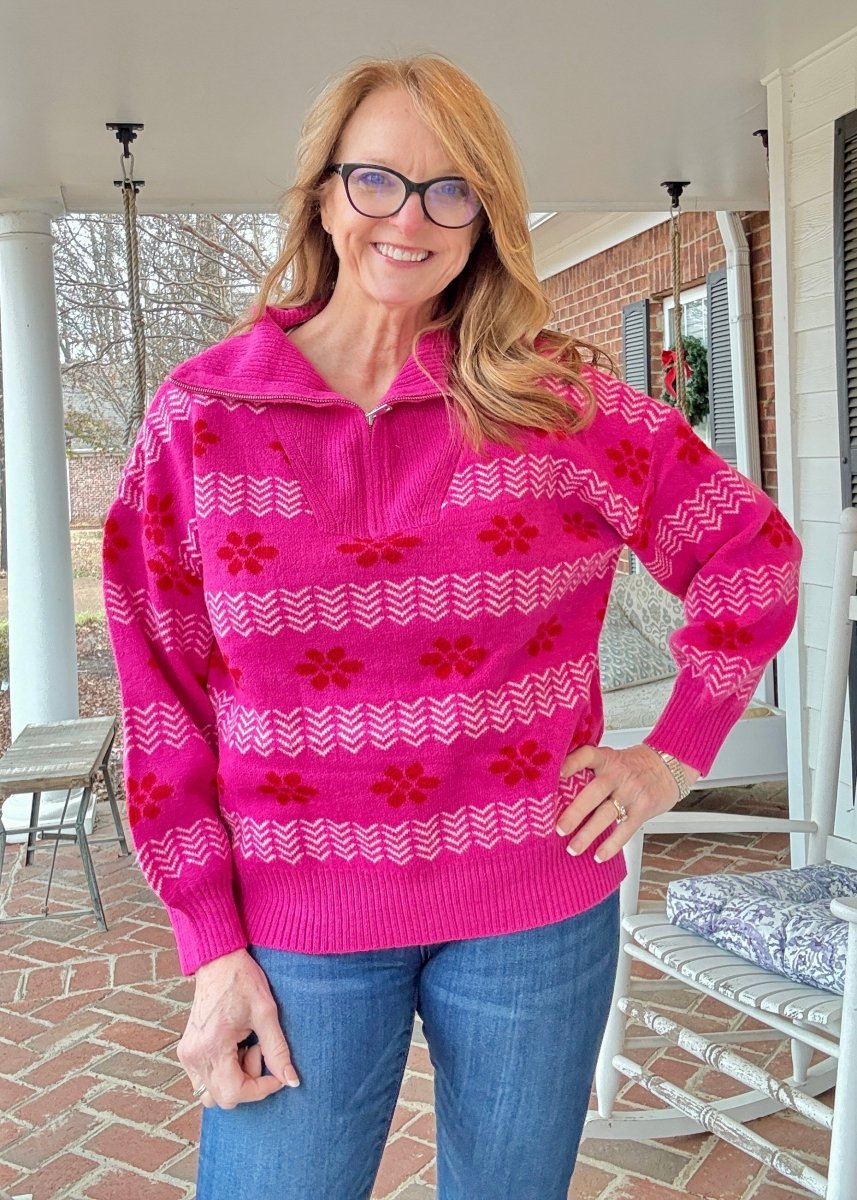 Jacquard Pullover Sweater - Hot Pink - Casual Sweater - Jimberly's Boutique - Olive Branch - Mississippi