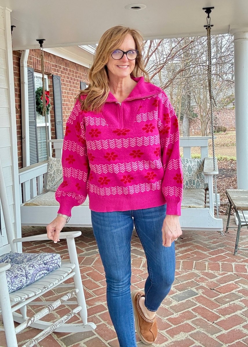 Jacquard Pullover Sweater - Hot Pink - Casual Sweater - Jimberly's Boutique - Olive Branch - Mississippi