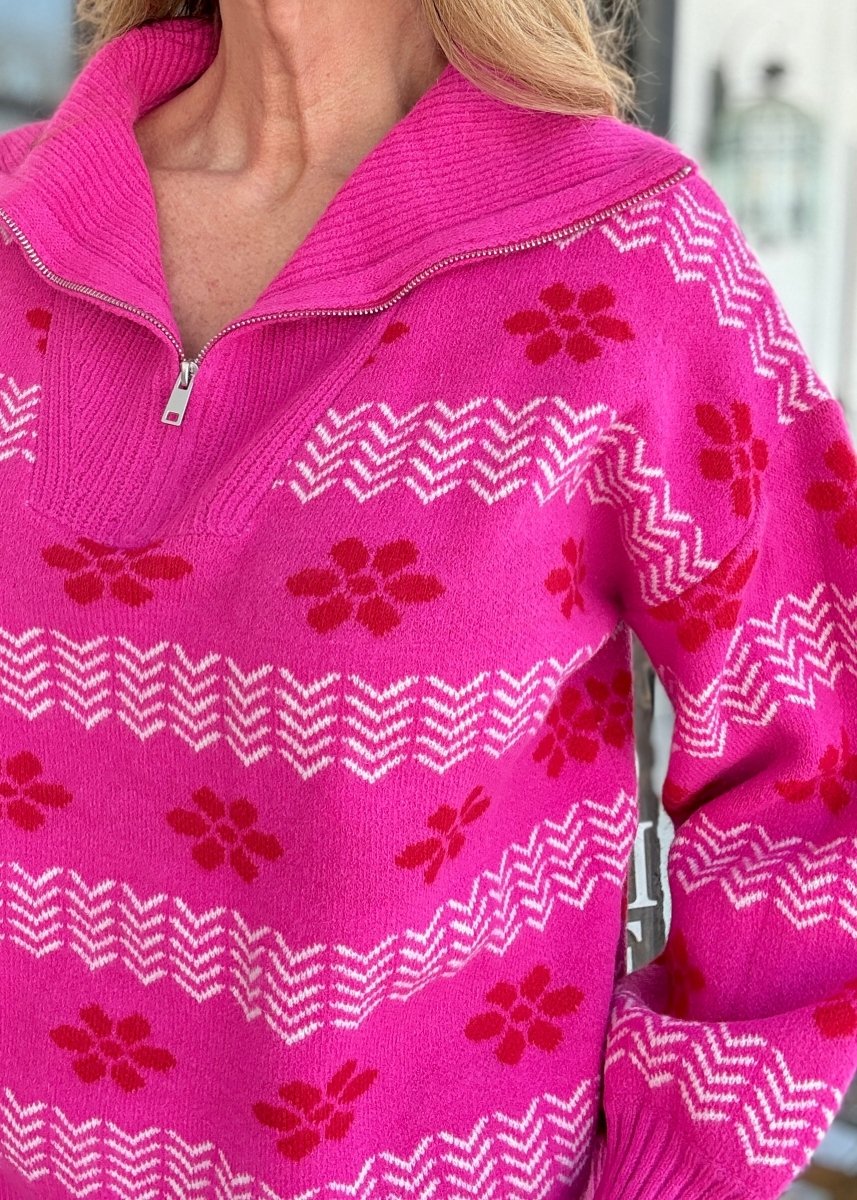 Jacquard Pullover Sweater - Hot Pink - Casual Sweater - Jimberly's Boutique - Olive Branch - Mississippi
