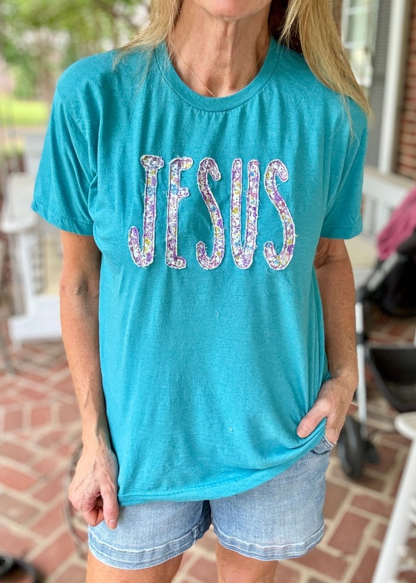JESUS Applique Tshirt - Teal - Tshirt -Jimberly's Boutique-Olive Branch-Mississippi