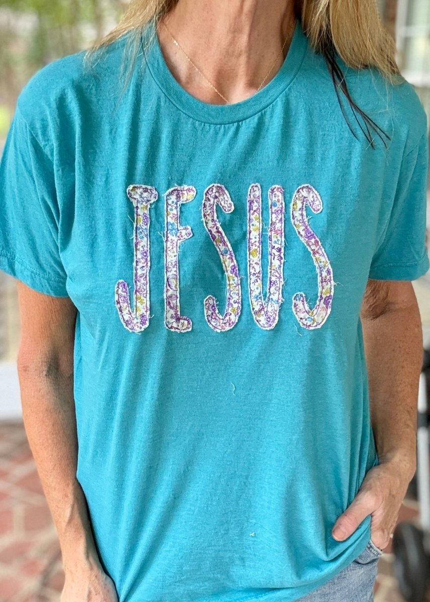 JESUS Applique Tshirt - Teal - Tshirt -Jimberly's Boutique-Olive Branch-Mississippi