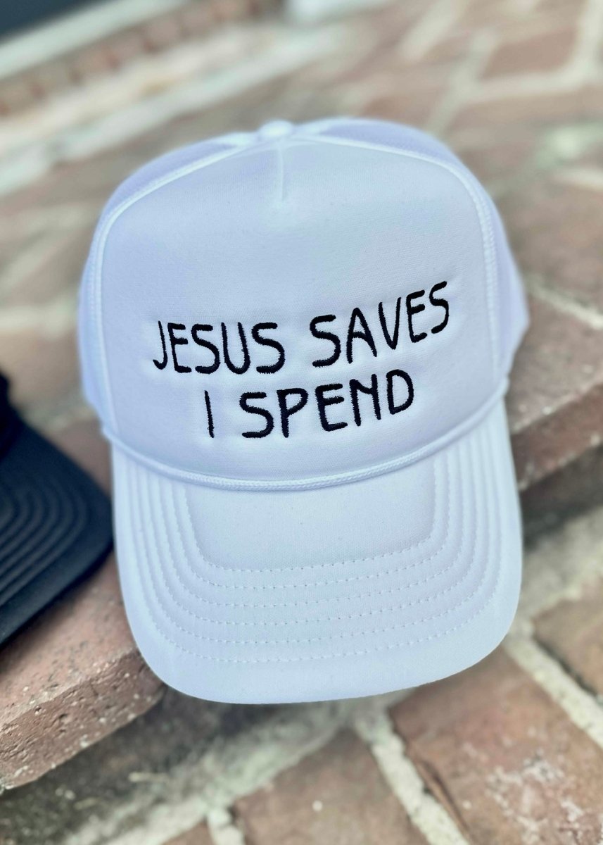 Jesus Saves I Spend Trucker Cap/Hat - Black or White - Trucker Cap - Jimberly's Boutique - Olive Branch - Mississippi