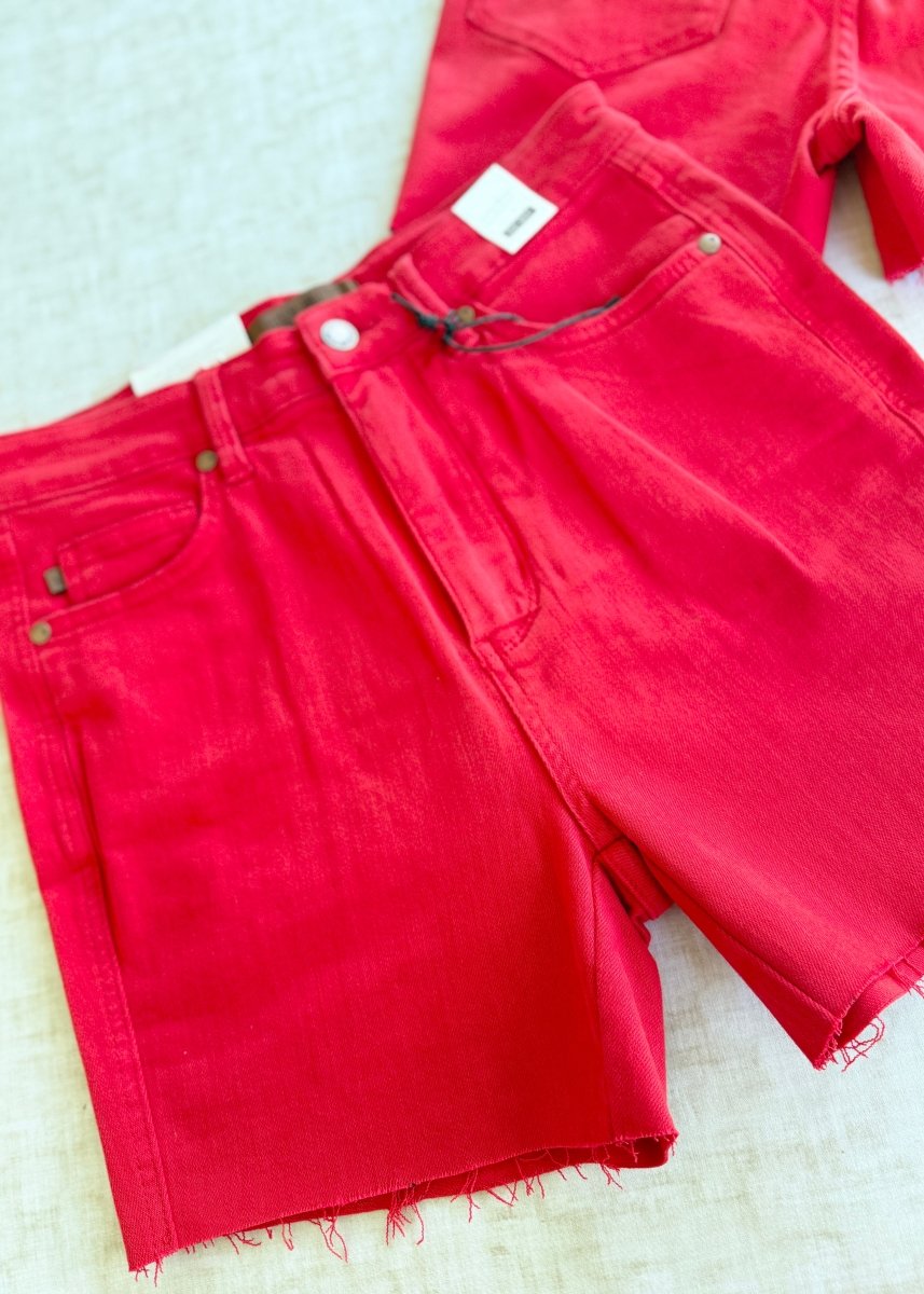 Judy Blue Raw Hem Shorts | Red | Tummy Control - judy blue shorts - Jimberly's Boutique - Olive Branch - Mississippi