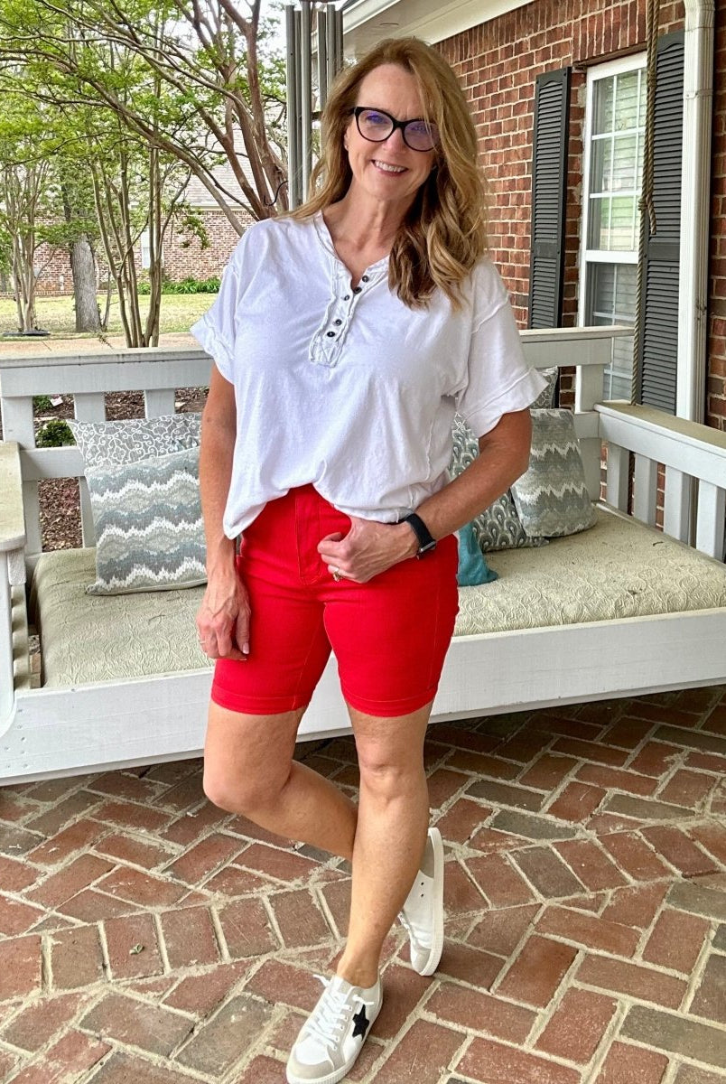 Judy Blue Shorts | Red Bermuda | Tummy Control - judy blue shorts -Jimberly's Boutique-Olive Branch-Mississippi