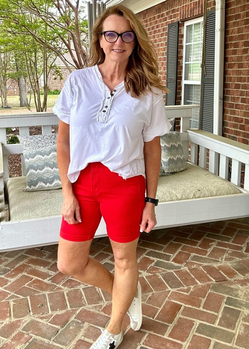 Judy Blue Shorts | Red Bermuda | Tummy Control - judy blue shorts -Jimberly's Boutique-Olive Branch-Mississippi