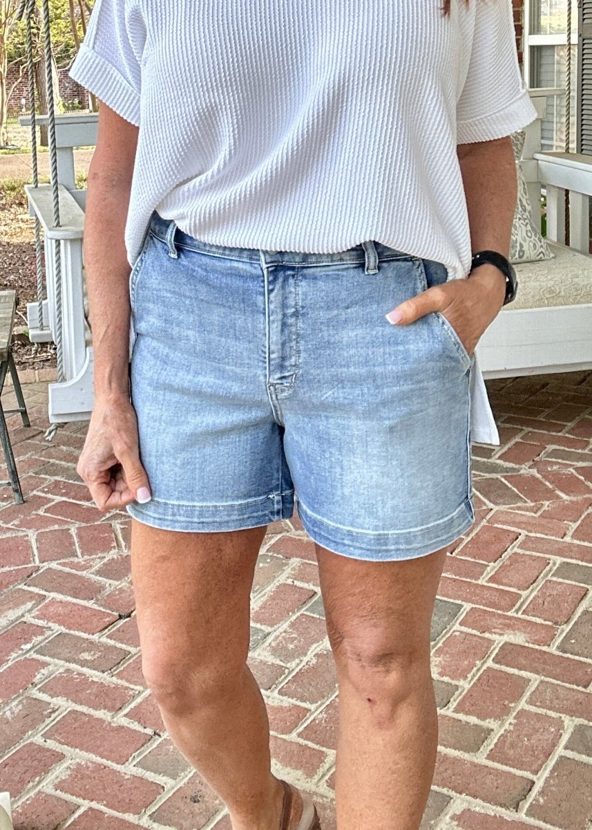 Judy Blue Trouser Denim Shorts - Medium Wash - Judy Blue Shorts - Jimberly's Boutique - Olive Branch - Mississippi
