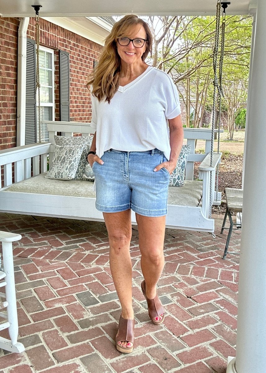 Judy Blue Trouser Denim Shorts - Medium Wash - Judy Blue Shorts - Jimberly's Boutique - Olive Branch - Mississippi