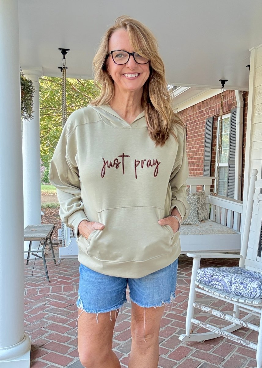 Just Pray 3D Embroidered Hoodie - Sage | Dear Scarlett - Jimberly's Boutique - Olive Branch - Mississippi