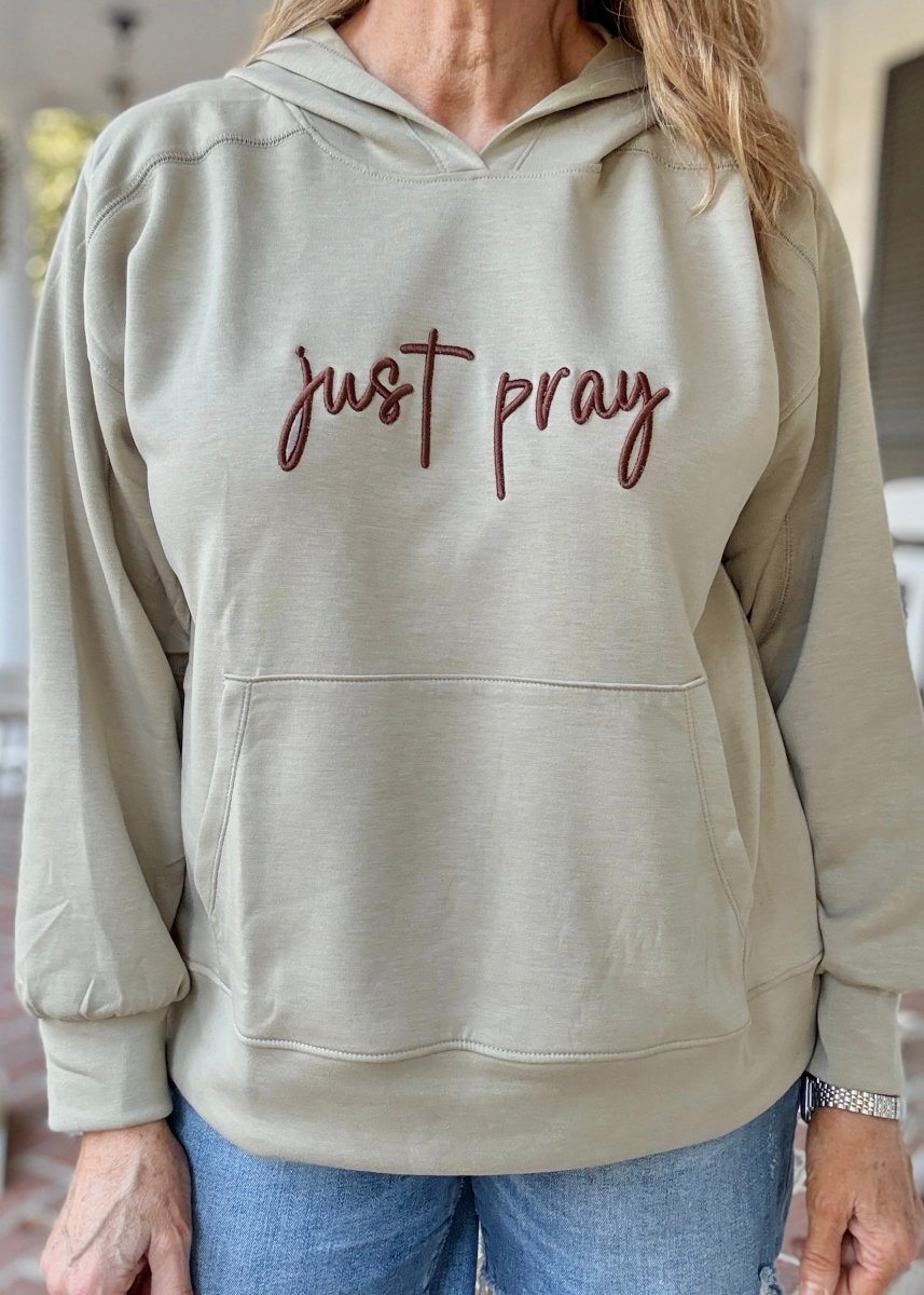 Just Pray 3D Embroidered Hoodie - Sage | Dear Scarlett - Jimberly's Boutique - Olive Branch - Mississippi