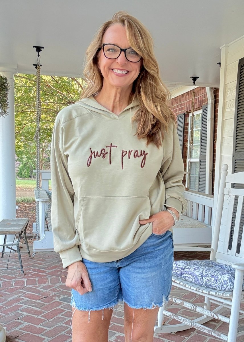 Just Pray 3D Embroidered Hoodie - Sage | Dear Scarlett - Jimberly's Boutique - Olive Branch - Mississippi