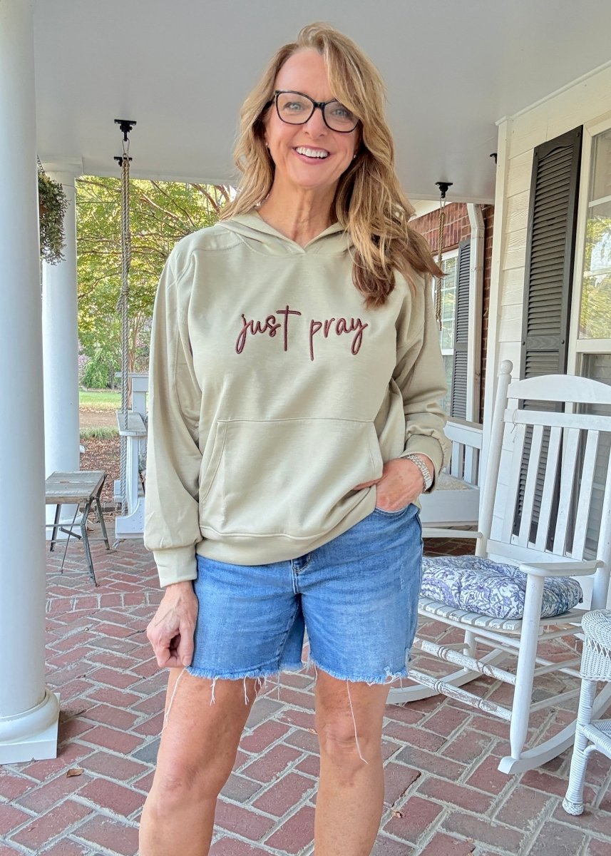 Just Pray 3D Embroidered Hoodie - Sage | Dear Scarlett - Jimberly's Boutique - Olive Branch - Mississippi
